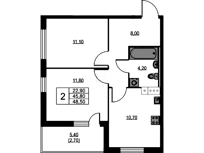 2-комнатная квартира 48.5 м², 12/13 эт., ЖК «А101 Лаголово»